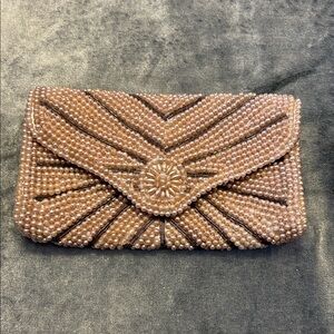 GALA vintage beaded envelope clutch purse, Tan and cream, 6 1/2 x 4”